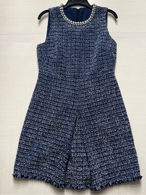 Blue Tweed Pearl Neck Dress Fringe Hem Fit & Flare Size 6 Chic